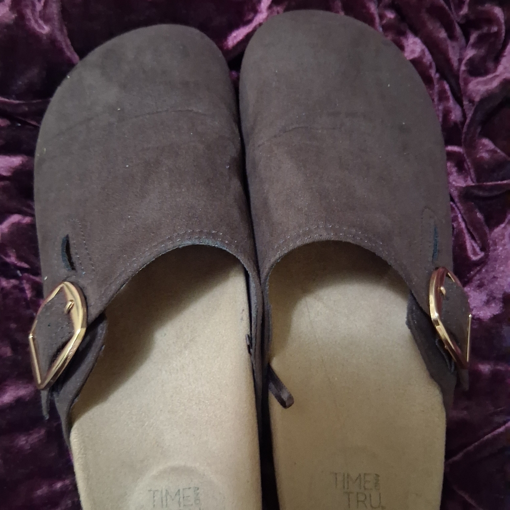 Time and Tru Brown Clogs with Gold Buckles